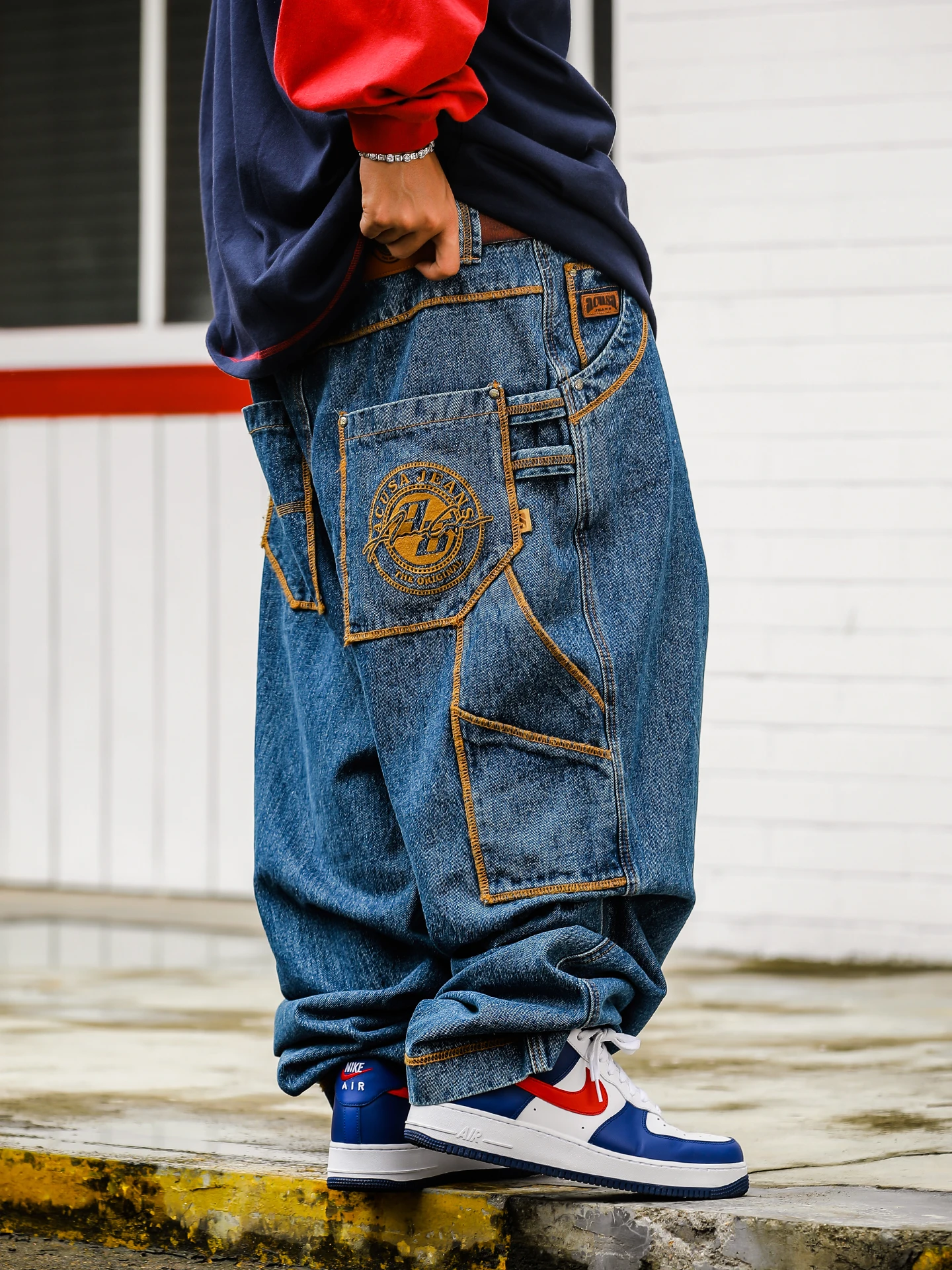 Acusa Jeans 633 Workwear Style Heavyweight Long Pants Large Size Embroidered Hassu Line Washed Fatty Denim Jeans for Autumn A...