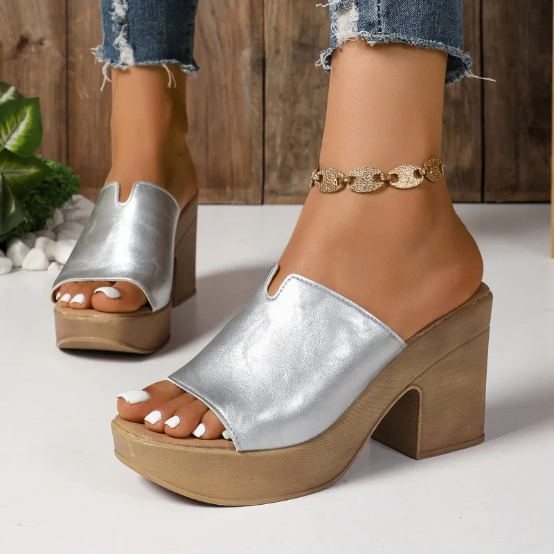 Hot selling fashionable and elegant High Heels Women Slippers Heeled Sandals New Summer Shoes Fashion Party Woman Open Toe image 5