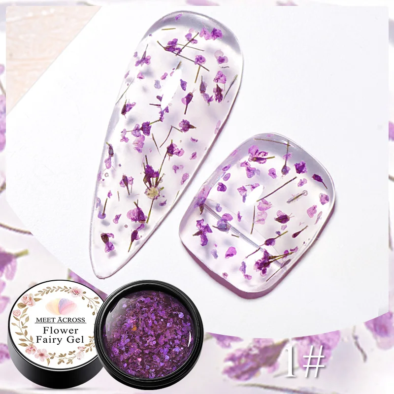 

MEET ACROSS 5ml Glitter Dried Flower Nail Gel Polish Purple Pink Natural Flower Fairy Soak Off UV Gel Nail Art Painting Vernis