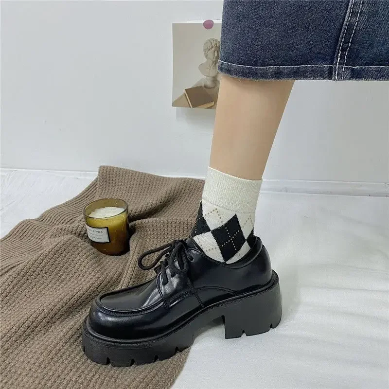 

Women's Big Size Small Leather Loafers British JK Style Preppy College Fleece Lined Chunky Thick Sole Height Increasing Shoes