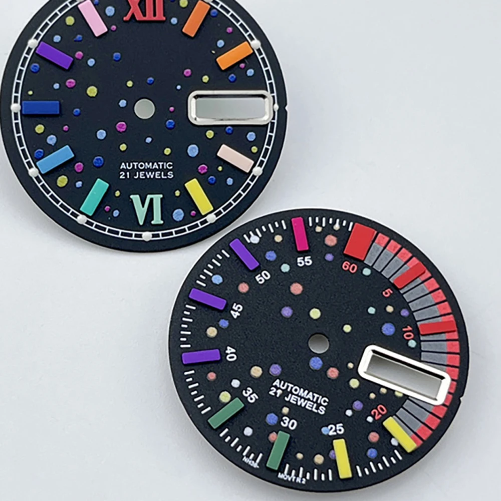 

Double Calendar Colorful Nails Watch Dial 28.5mm, for NH36A 4R36 Movement Mechanical, No Luminous Watch Faces, NH36 Dial