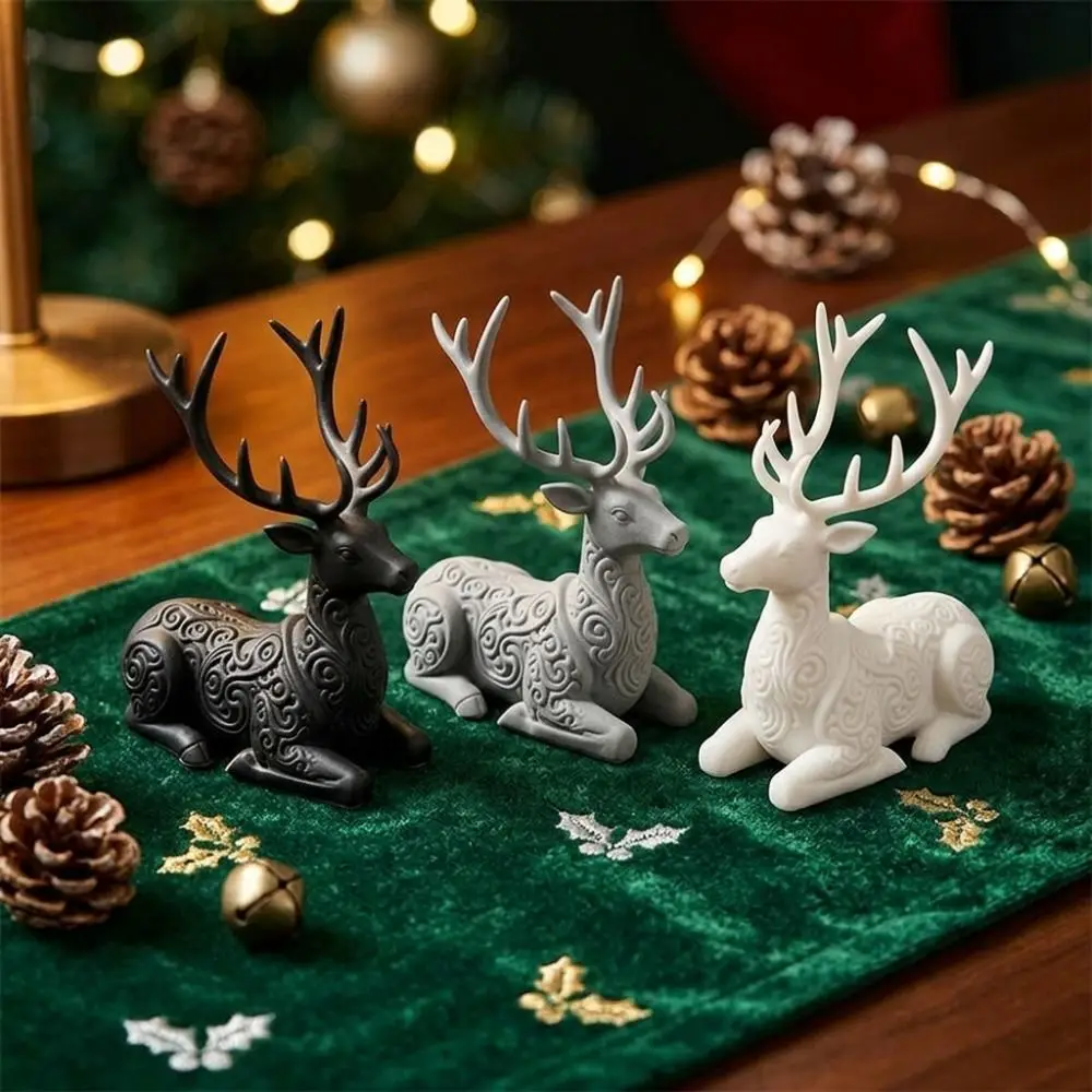 3D Printed Christmas Sitting Deer Statue Vintage Swirl Lying-Posture Xmas Reindeer Sculpture Realistic Simple Animal Figurine