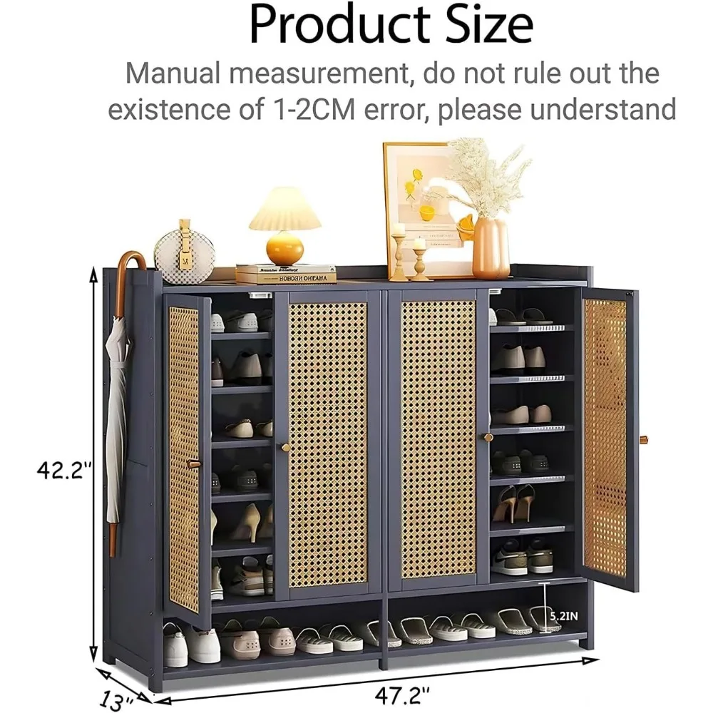 خزانة تخزين الأحذية المصنوعة من الخيزران مع أبواب لـ 40 زوجًا، رف منظم قائم بذاته مكون من 8 طبقات مع أرفف لإدارة الأحذية الفعالة