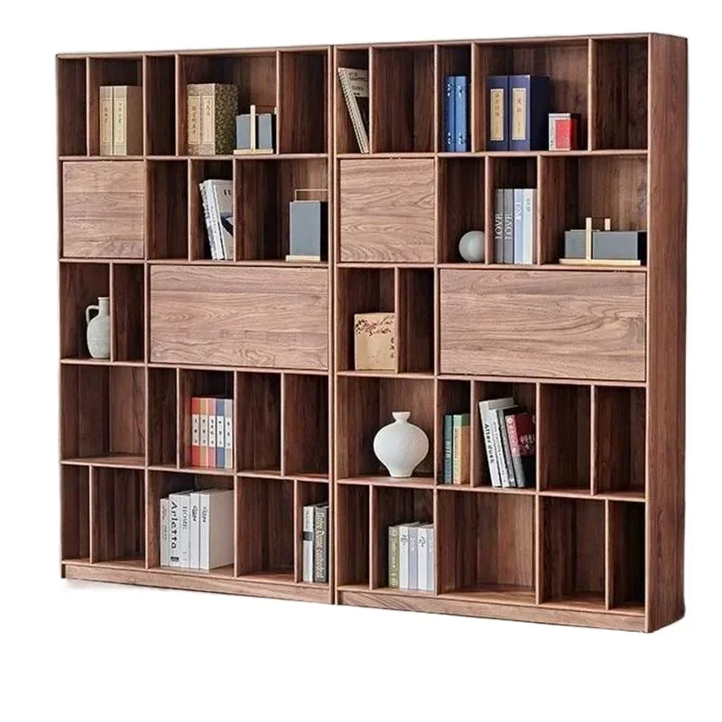Nordic light luxury all-solid wood North American black walnut bookshelf, modern simple storage display stand, combined