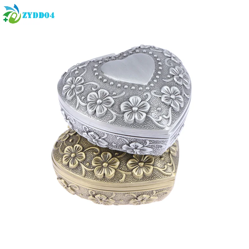 ●1Pcs Vintage Flower Heart Shaped Alloy Jewelry Box Dustproof Ring Organizer Small Trinket Storage Christmas Gift Packaging Box