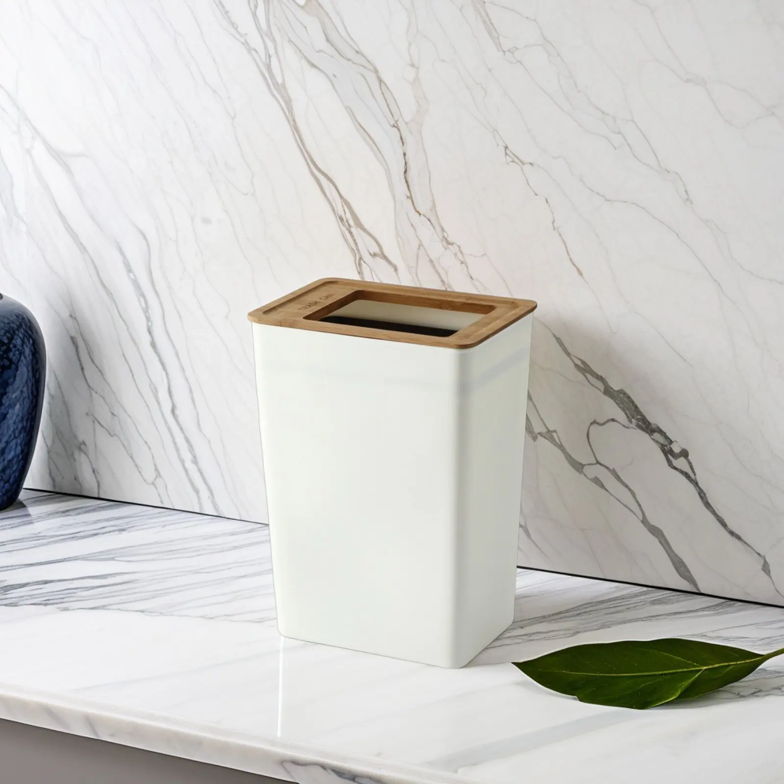

Small Trash Can Minimalist Plastic Waste Container Kitchen Bathroom Pressed Style Decorative Trash Basket with Wooden Lid Home