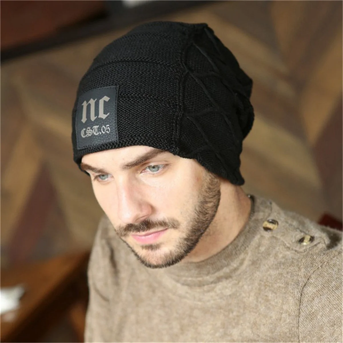 New Fashion Men's Beanie Hat Winter Hports Outdoor Korean Hedging Wool NC Letters Plus Velvet Thick Warm Knitted Hats