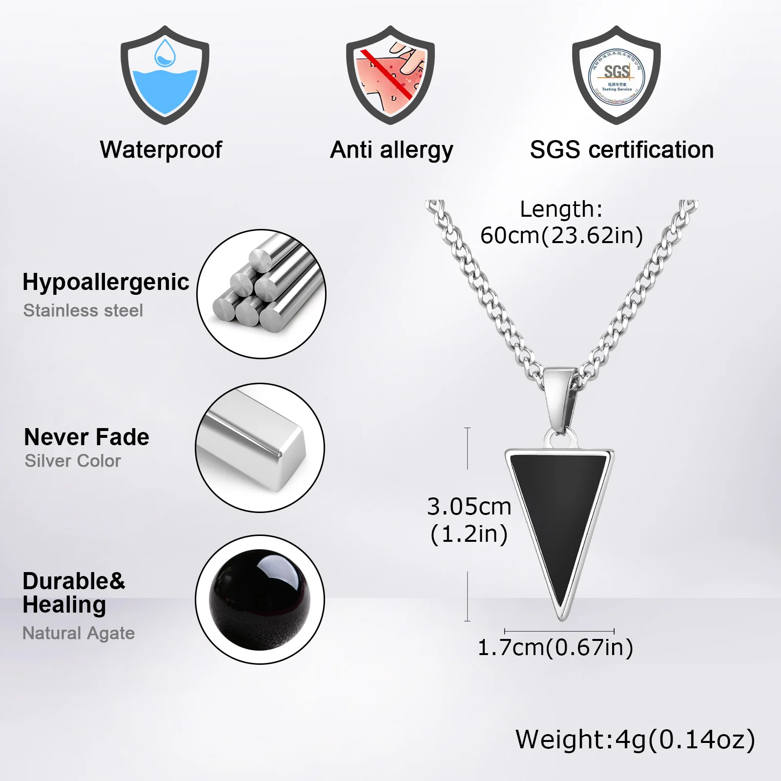 رجل الثلاثي العقيق الأسود قلادة قلادة، مقاوم للماء الفولاذ المقاوم للصدأ الحجر الطبيعي هندسية قلادة، هدية حفلة عيد ميلاد