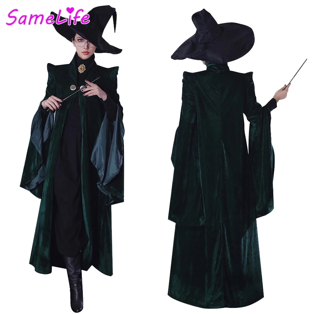 Disfraz de bruja McGonagall para mujer, bata de fantasía, sombrero de varita, disfraz de película mágica de dibujos animados, trajes de fantasía para mujeres adultas