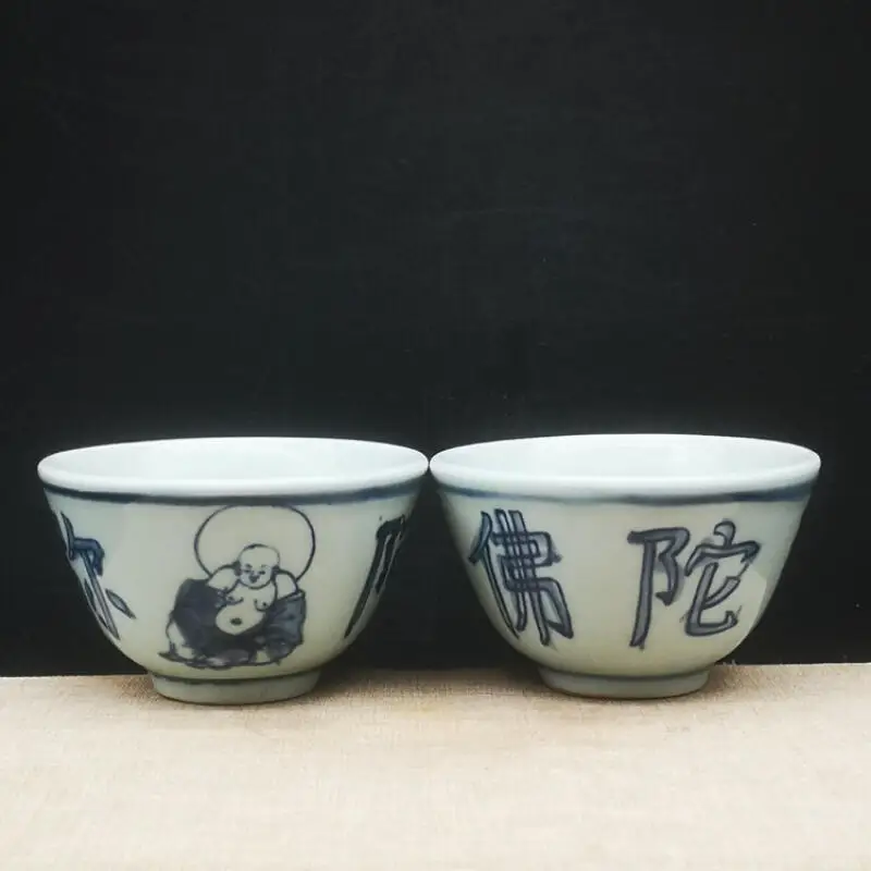 Classical Blue and white Amitabha Buddha pattern tea cups a pair of antique ceramic folk art collectibles handicrafts ornament