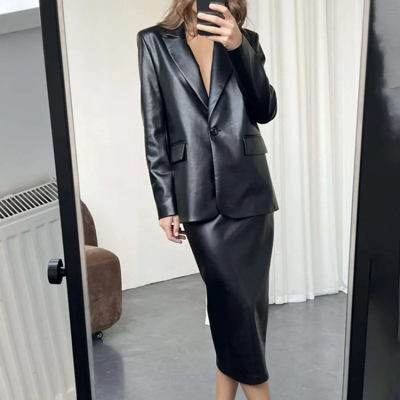 

Women's Clothing2024Early Spring New Fashion Suit Jacket Leather Skirt Suit Black Temperament Commuter Two-Piece SuitWlj