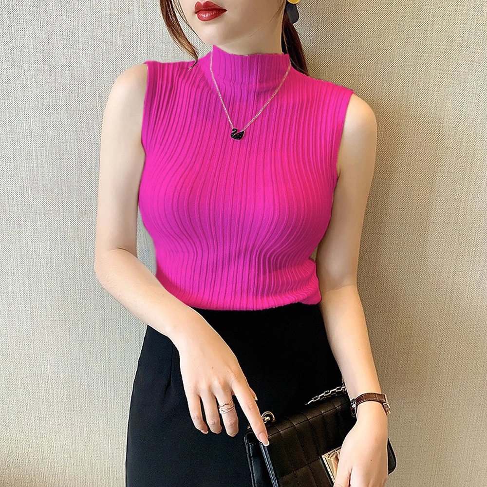 

Green Blue M-2XL Half High Neck T Shirt Women Slim Sleeveless Tanks Elastic Knit Shirts Girl Elegant Blouse Sweater Top Clothes