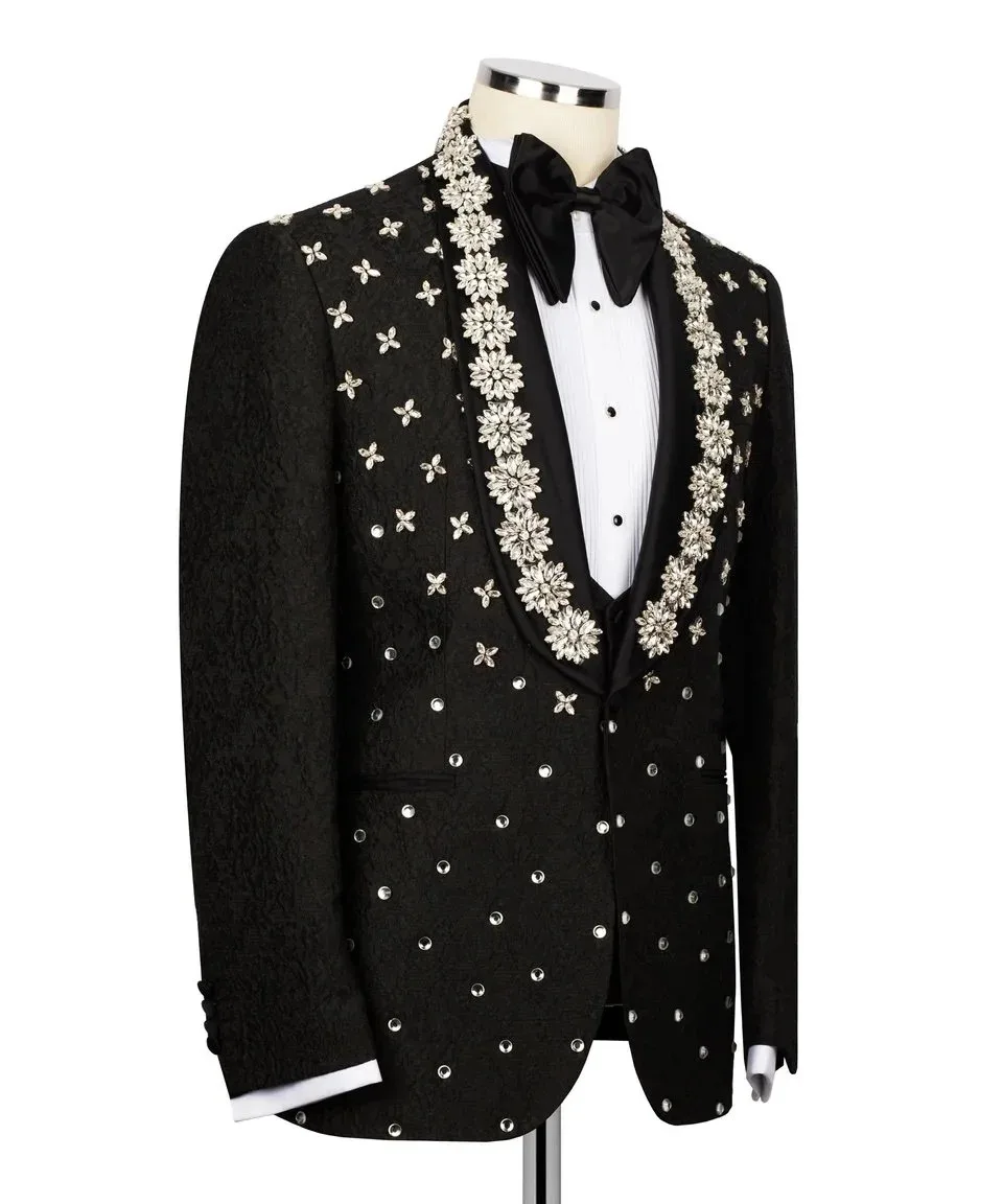 Smart Groom Wedding Wear Crystal Shawl Lapel 3 Pieces Jacket Pants Sets Business Birthday Party Formal Men Customized