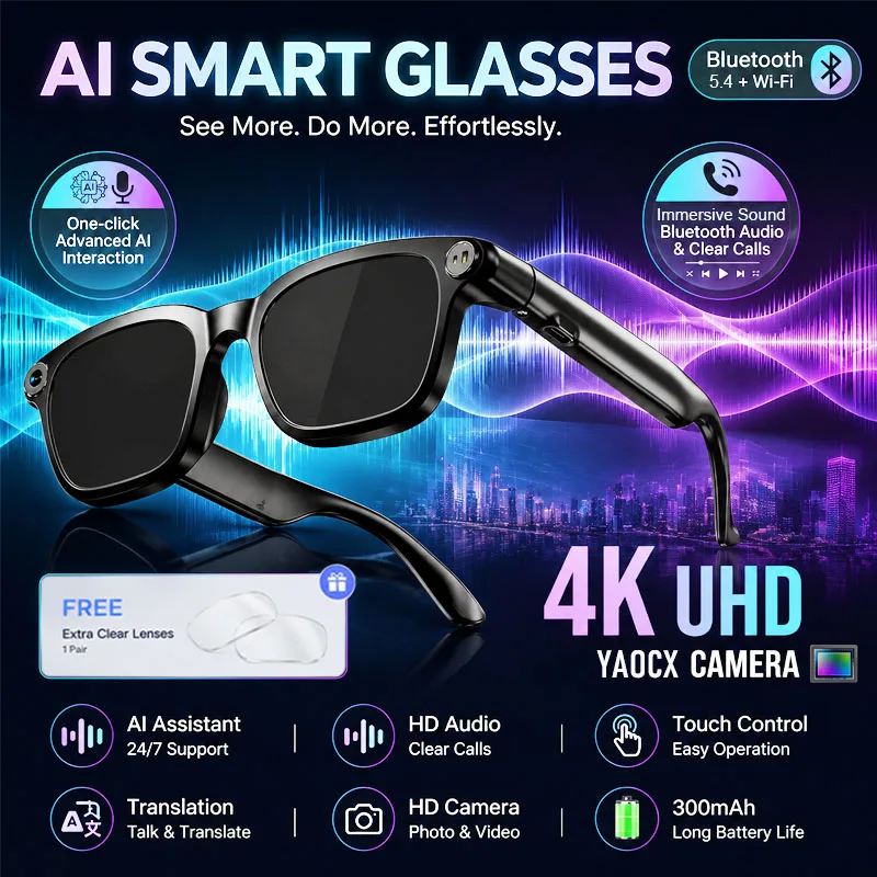 New AI Smart Glasses 800W HD Camera Video Record Wireless Call Touch Control WiFi Transfer HD Audio 300mAh Battery Smart Glasses