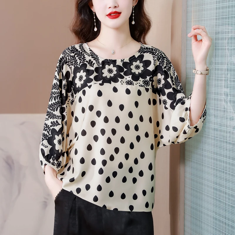 

2023 Spring/Summer New Short Sleeve Silk Dot Print Top Women's O-Neck Loose Large Mulberry Silk Bat Sleeve Slim T-shirt