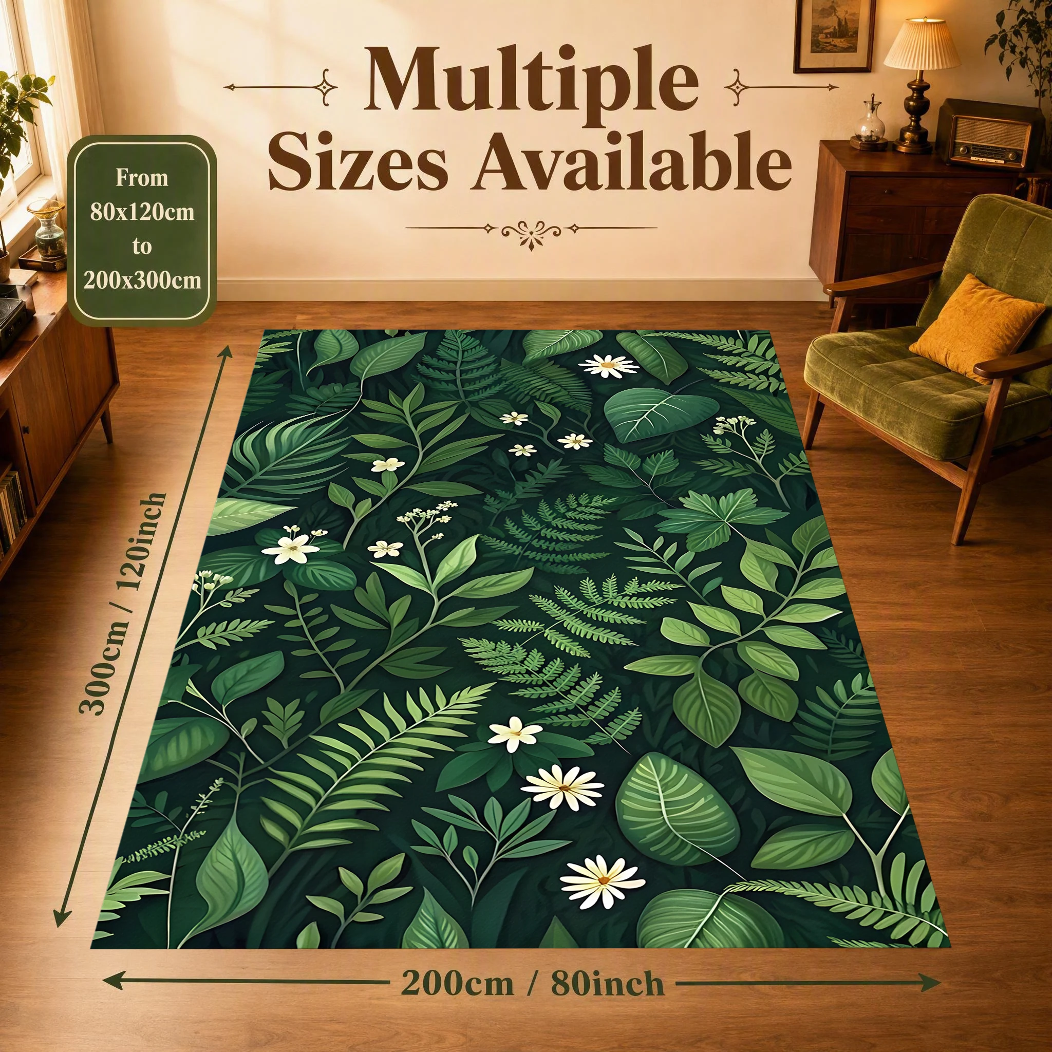 2D Large Carpet Green Plant White Flower All over Forest Style for Living Room Bedroom