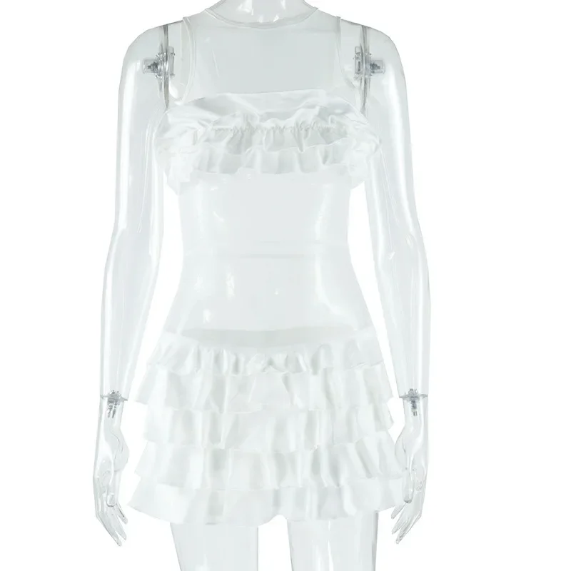 Women Fashion Sheer Mesh Patchwork Cascading Ruffle Solid Mini Cake Dress Sexy O-neck Sleeveless Bodycon Birthday Party Clubwear