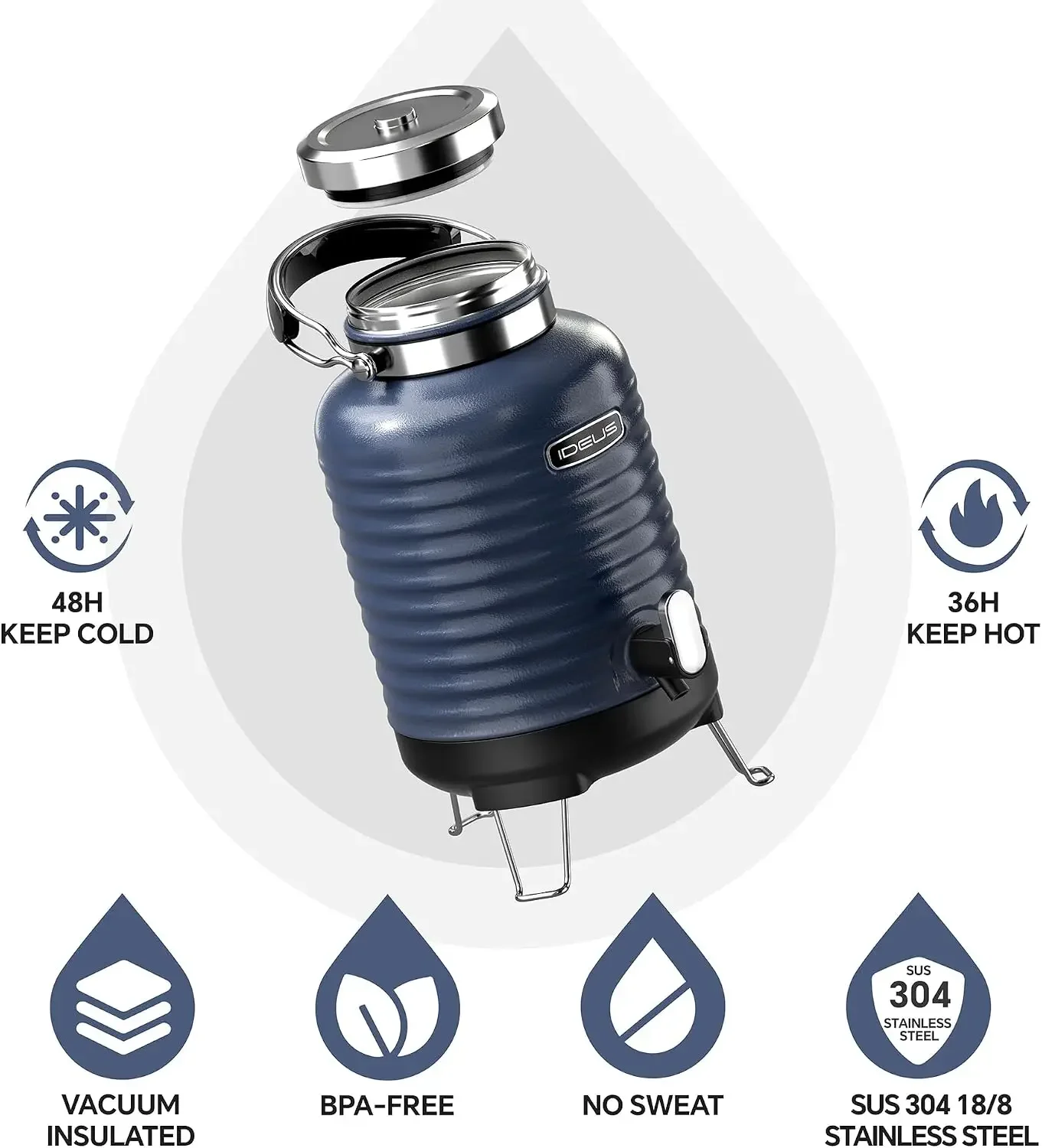 Insulated Beverage Dispenser, All-in-one for Camping Vacuum Double-Wall Stainless Steel Water Cooler Coffee Carafe Jug Leakproof