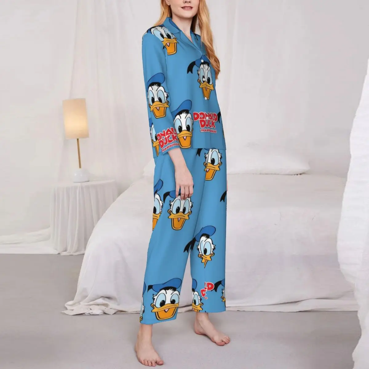 Disney Donald Duck Women\'s Pajamas Set Button Down Pajama 2 Piece Suit Pyjama Femme Nightwear Loungewear