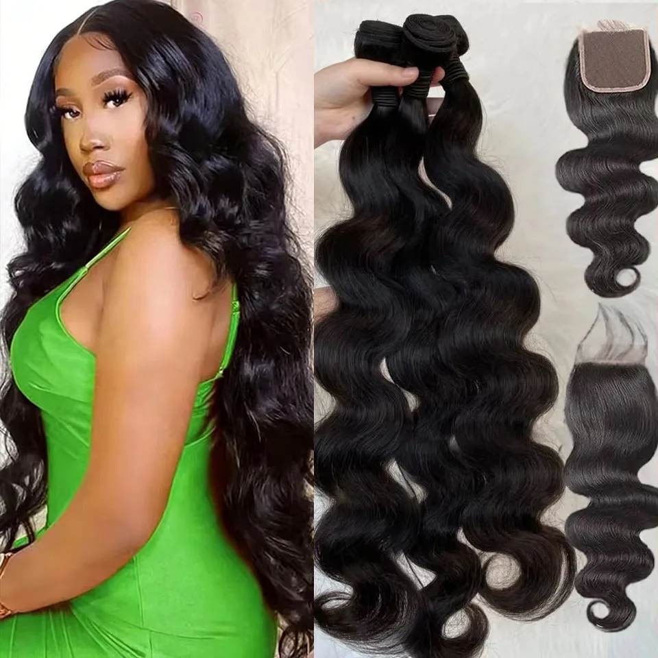 

Бразильские волосы Body Wave из натурального ворса, 3/4 пучка с HD-заколкой (20, 22, 24 + 18 дюймов, натуральный черный цвет), 100% необработанные бразильские волосы Body Wave