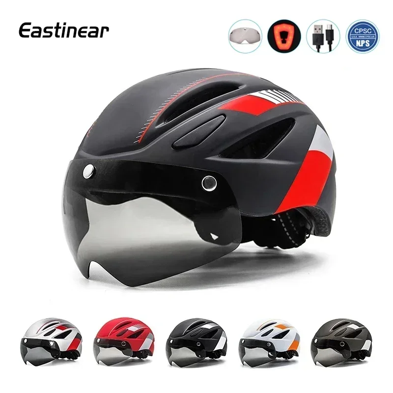 Adult MTB Bike Helmet with Magnetic Visor and LED Tail Light One-Piece Design Mountain and Road Cycling Helmet for Men and Women