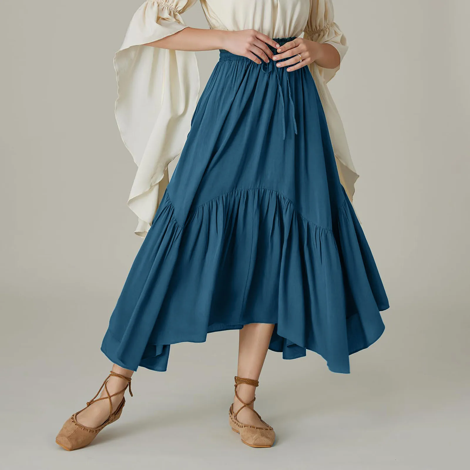 Fashion Skirt Women Vintage Renaissance Swing Skirt Elastic Waist Irregular Hem Flared A-Line Skirt Autumn High Waist Skirts