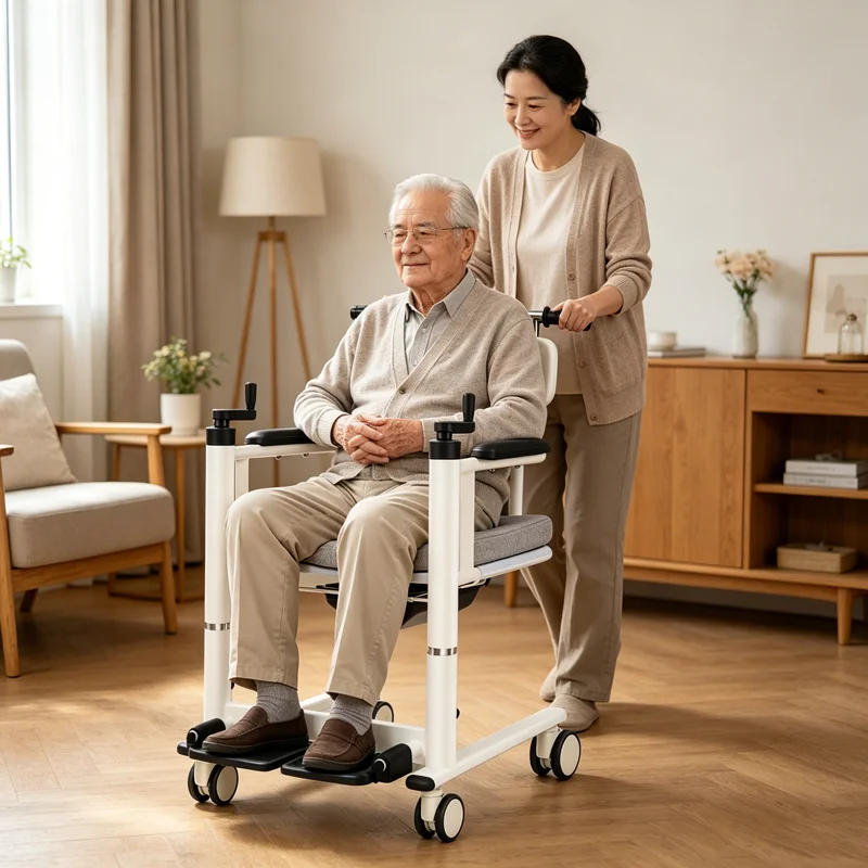 180 Degree Rear Open Patient Transfer Commode Chair, Manual Crank Lifting, Silent Wheels, Elderly Care