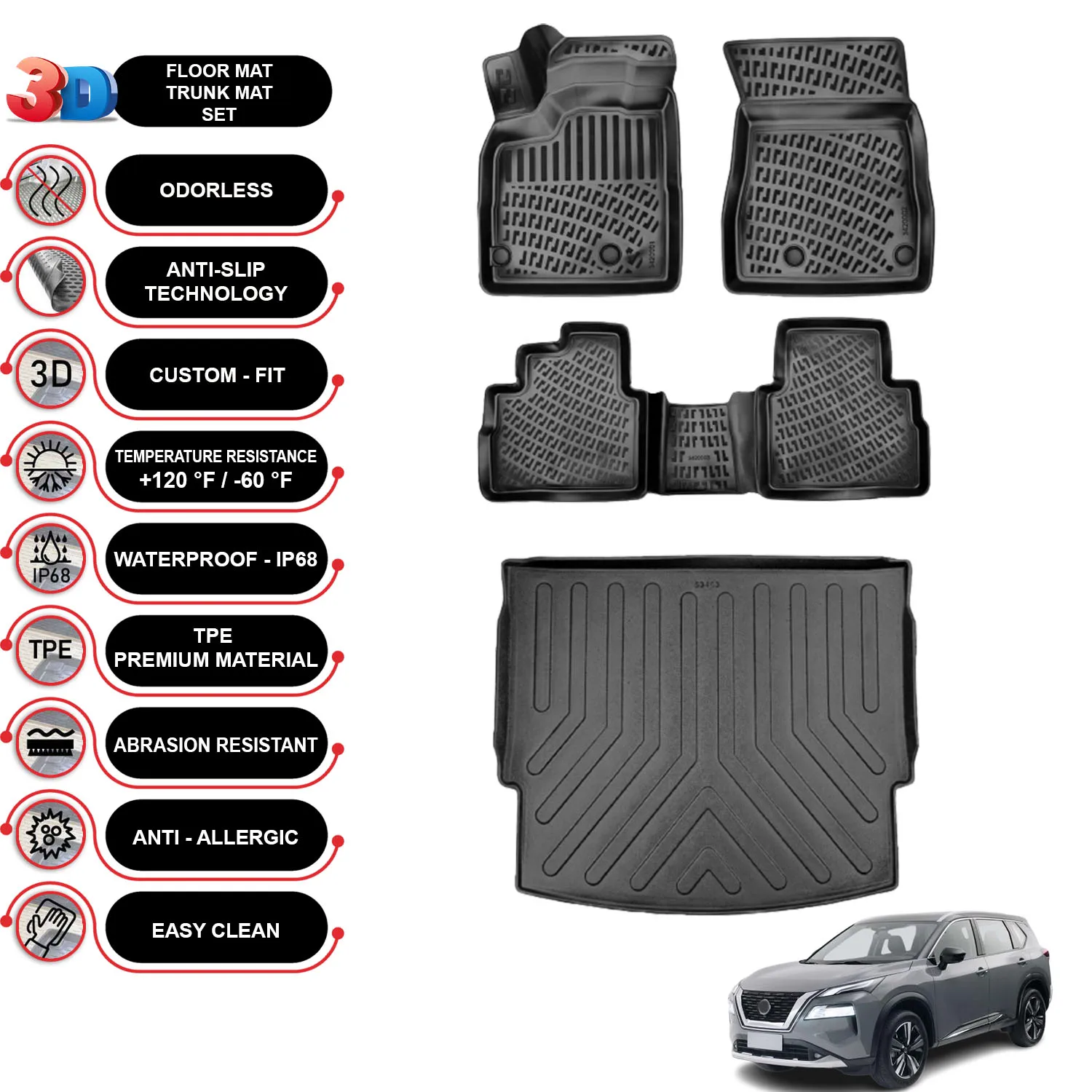 

Nissan X-Trail - (2021-2023) - Floor Mats + Cargo Trunk Liner - SET - (Black)