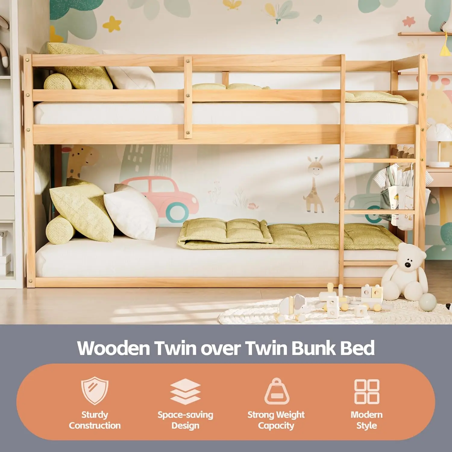 Lit superposé double avec échelle, lit superposé au sol en bois pour enfants (naturel)