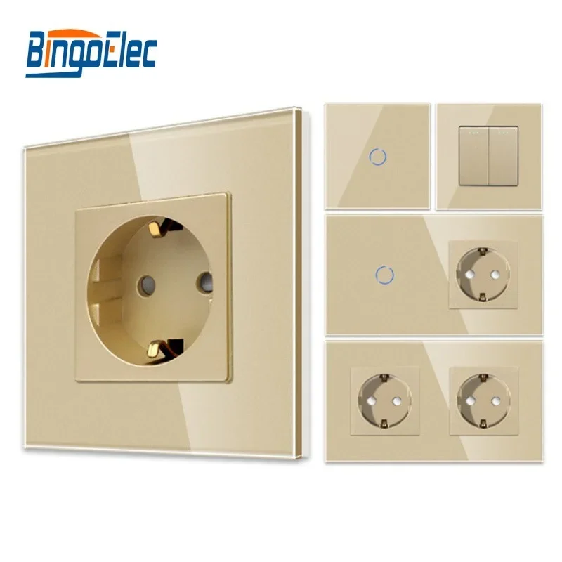 Bingoelec Gold Touch Switch with Electrical Sockets with Crystal Glass Panel Light Switches and Wall Sockets Home Improvement