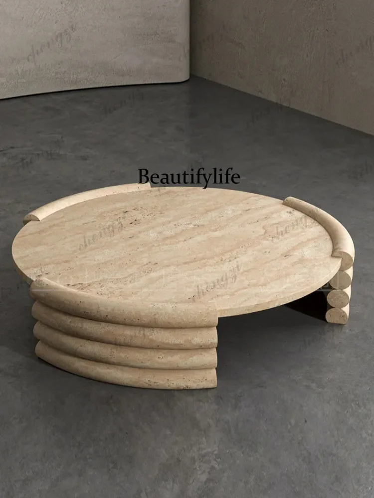 z183 Italian minimalist natural Roman cave stone round coffee table villa home high sense, stone coffee table