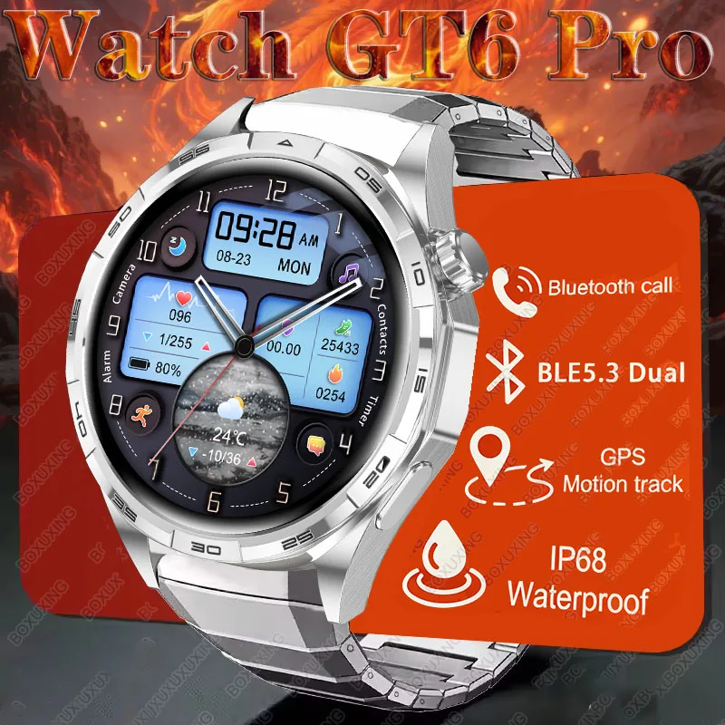 

GT6 Pro Smart Watch Men HD AMOLED Screen GPS Motion trajectory HeartRate Bluetooth Call 1.50" SmartWatch IP67 waterproof 2026New