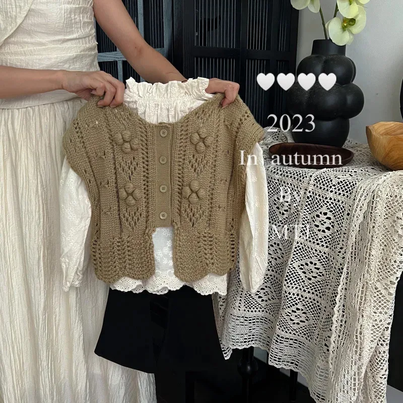 Menino menina crianças cardigan de malha oco para fora feito à mão bola colete bebê sólido casual sem mangas topos colete criança infantil bota corte
