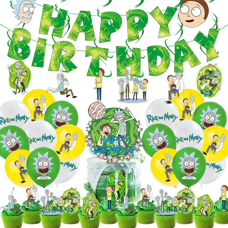 

Rick and Morty Theme Birthday Party 2D Anime Action Figure Decoration Banners Cake Inserts Balloon Festival Image Prop Periphery