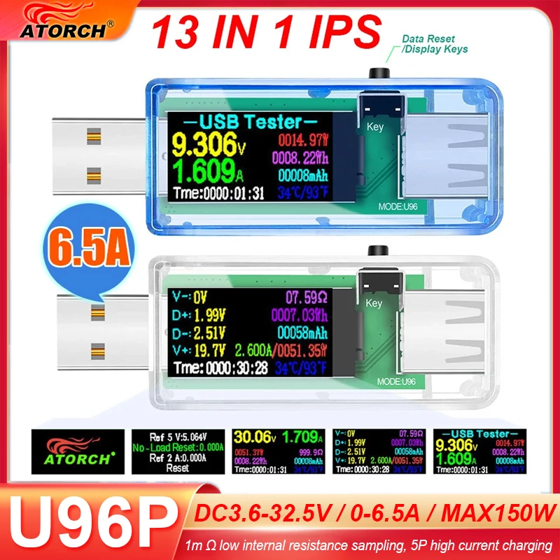 U96P 13 in 1 USB-tester Stroomspanningsindicator Elektrische ampèremeter Vermogensmeter Lading DC Digitale multimeter Voltmeter Wattmeter