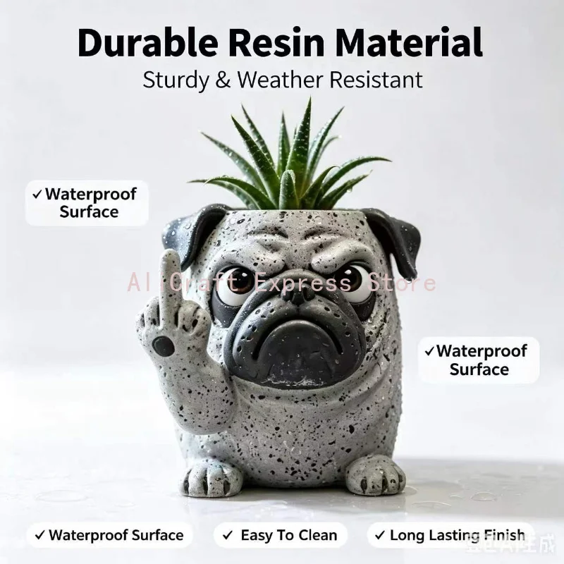 Resin Pug Figurine Plant Pot, Novelty Middle Finger Dog Sculpture Planter, Desktop Balcony Succulent Container Ornament
