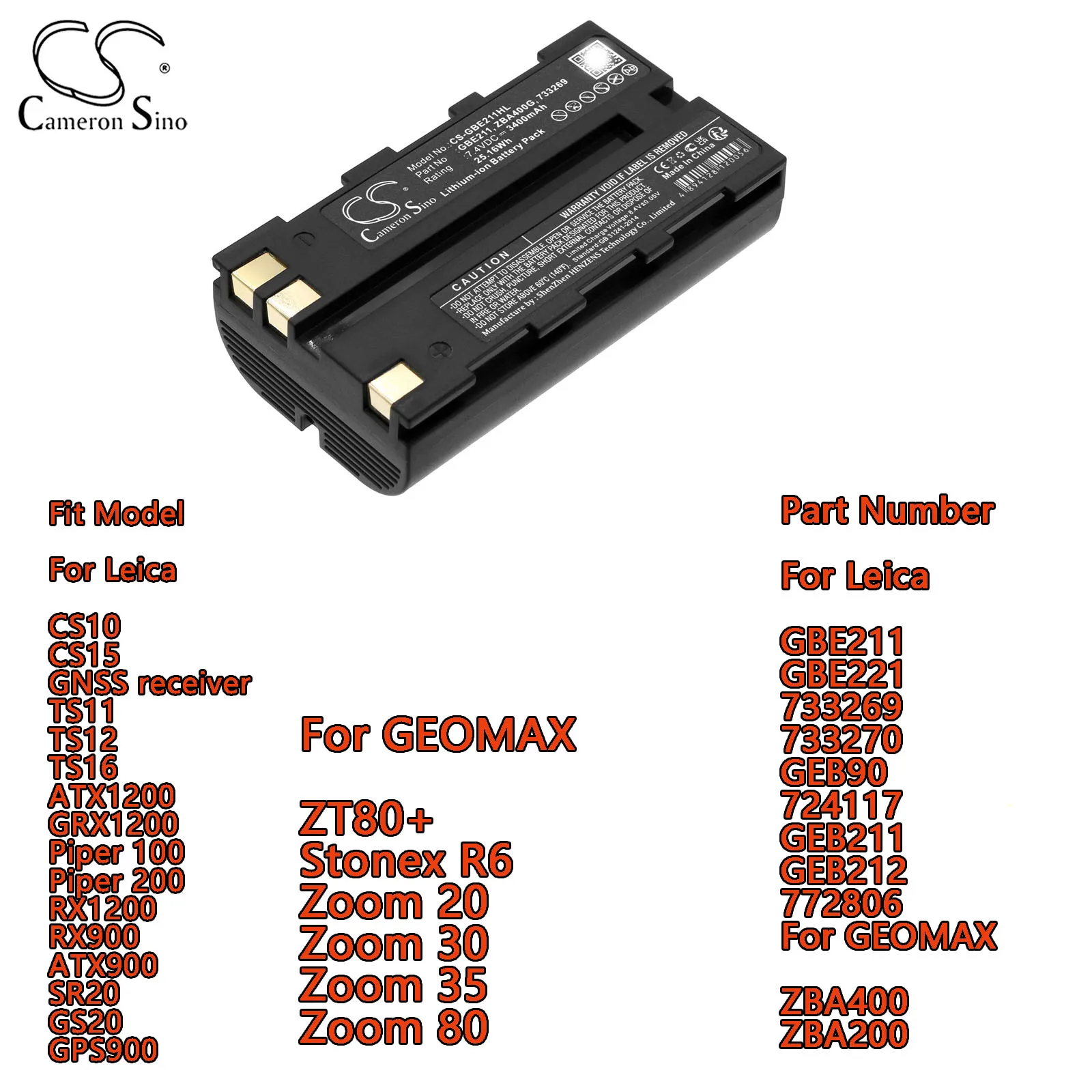 

Cameron Sino Equipment, Survey, Test Battery for Leica CS10 CS15 GNSS receiver TS11 TS12 TS16 ATX1200 GRX1200 Piper 100 200