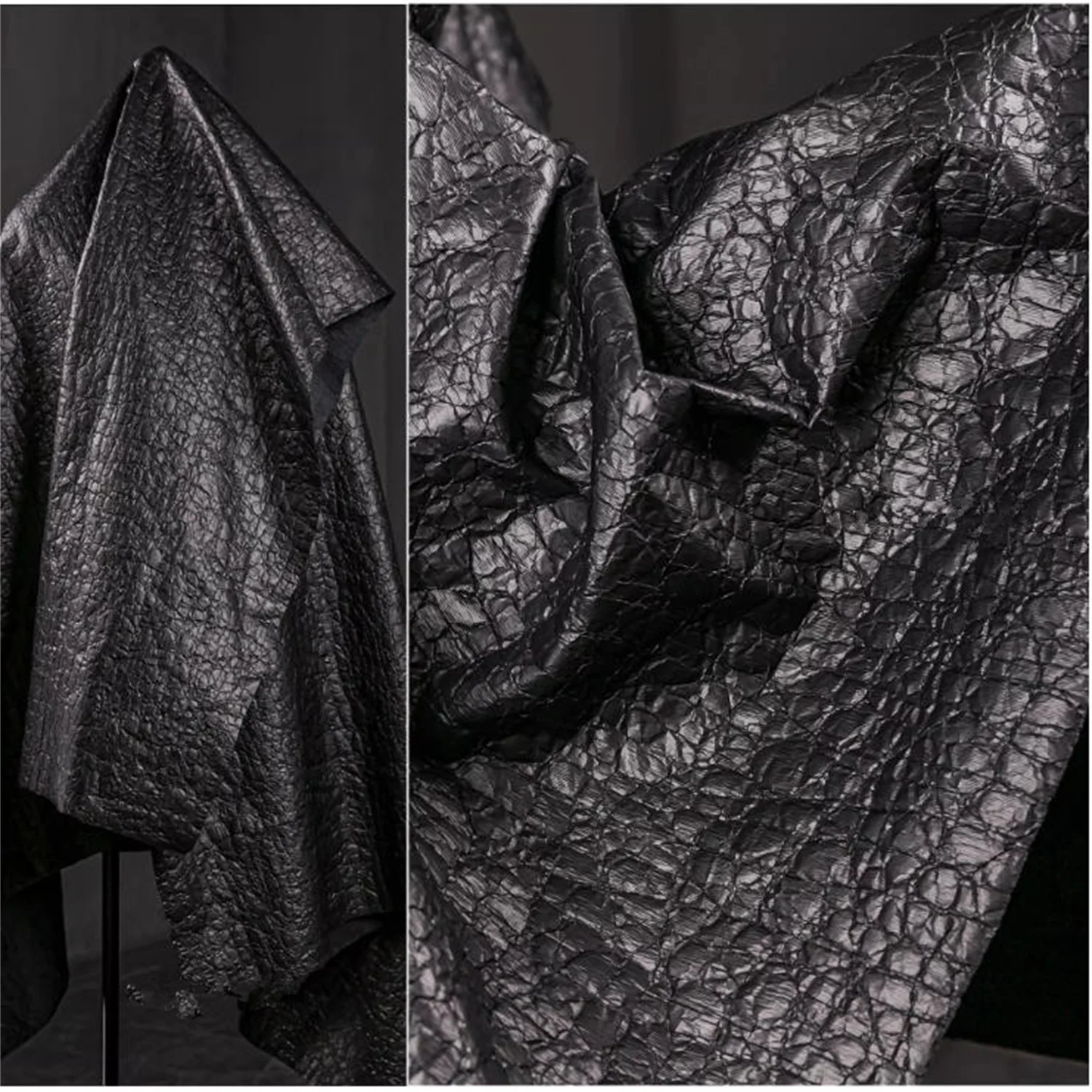 Black imitation leather with cracked texture fabric, creatively coated retro wide fabric, reconstructed clothing designer fabric