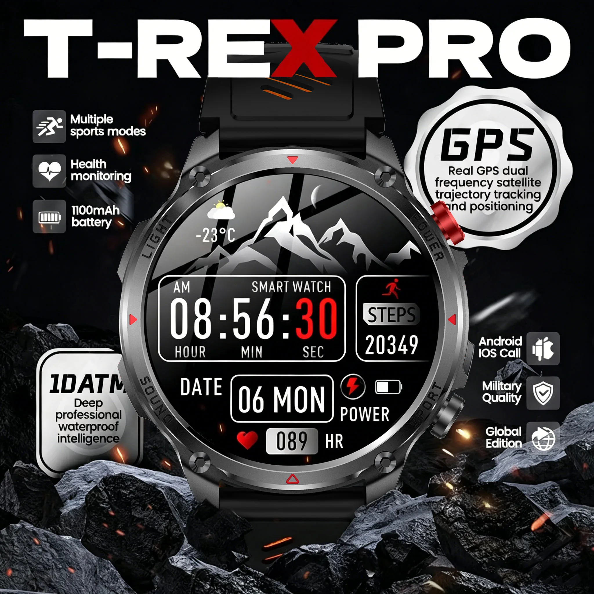 2026 New T-Rex3 Pro GPS Tracker 1100mAh Smartwatch Men 120-Day Standby Clock Rugged Outdoor Sport 10ATM Waterproof Call Watches