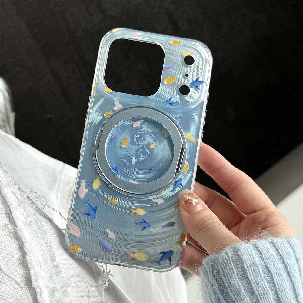 

Laser Vortex Cute Color Little Fish 360° Rotate Stand Folding Magnetic Phone Case for iPhone 14 16 15 17 ProMax Shockproof Cover