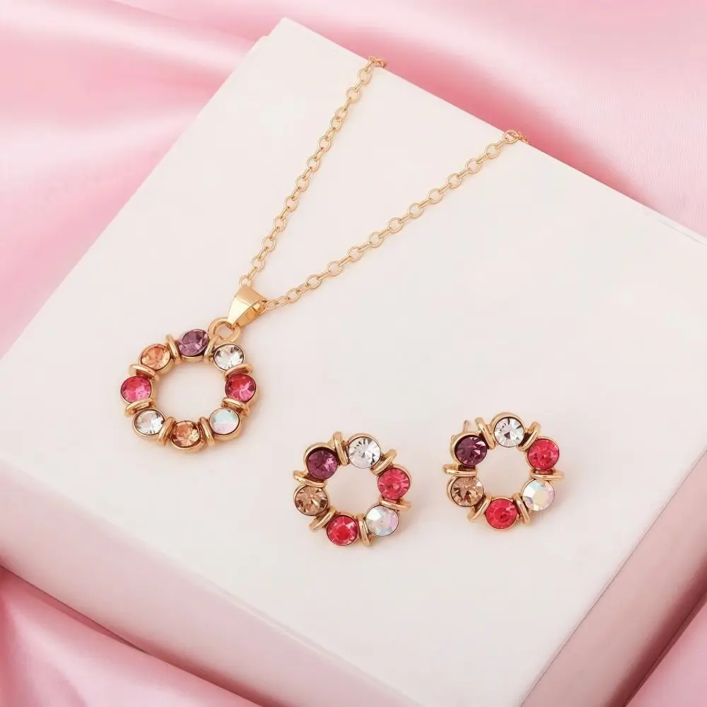 3pcs Gold Color Necklace Earrings Set Simple Style Glass Diamond Earring Jewelry Sets Circle Shape Design Exquisite Stained