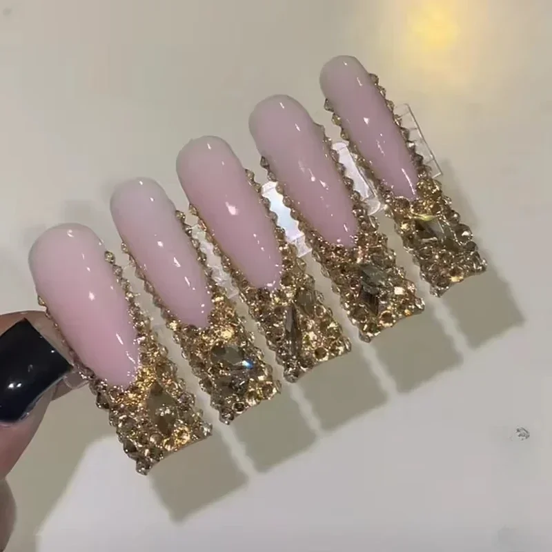 Personalizado bling cor champanhe strass xxxl longo quadrado caixão imprensa em unhas artesanais dicas de unhas falsas reutilizáveis festa de unhas falsas