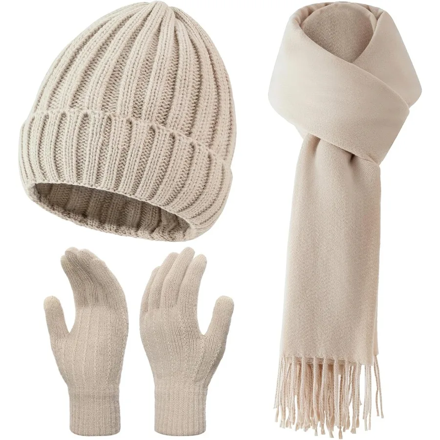 ชุดหมวกไหมพรม ผ้าพันคอ ถุงมือหน้าจอสัมผัส 3 ชิ้น ชุดถุงมือบุขนหนานุ่ม หมวกไหมพรม ผ้าพันคอ สำหรับผู้หญิง ผู้ชาย คุณภาพเยี่ยม