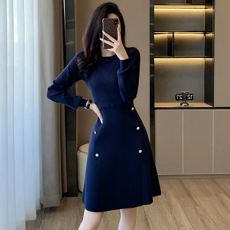 

Blue A-line Sweater Dress Women False Two Piece A-line High Waisted Knitted Dress Female Slim Stretch Short Dress Ladies