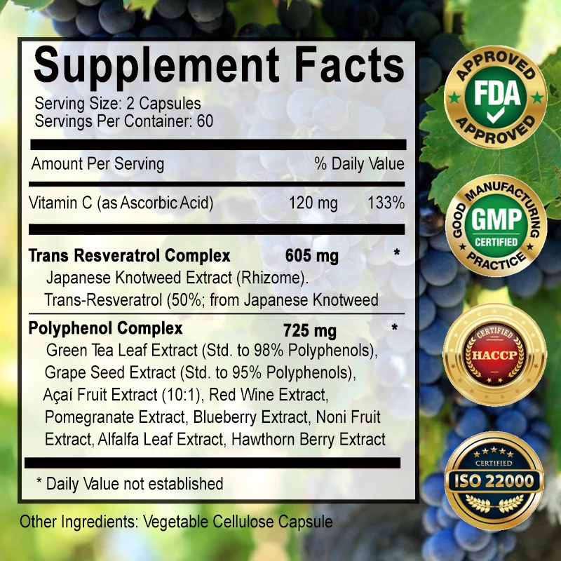 Resveratrol-Poderoso antioxidante e Trans-Resveratrol para suporte anti-envelhecimento e CardiPosture