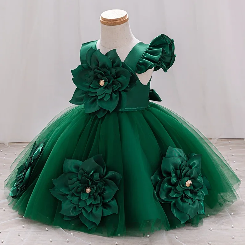 زهرة كبيرة الزفاف توتو ثوب المعمودية فستان المسيح 0-6 سنوات الكرة ثوب غير المتكافئة الأشرطة مناسبة رسمية فتاة اللباس