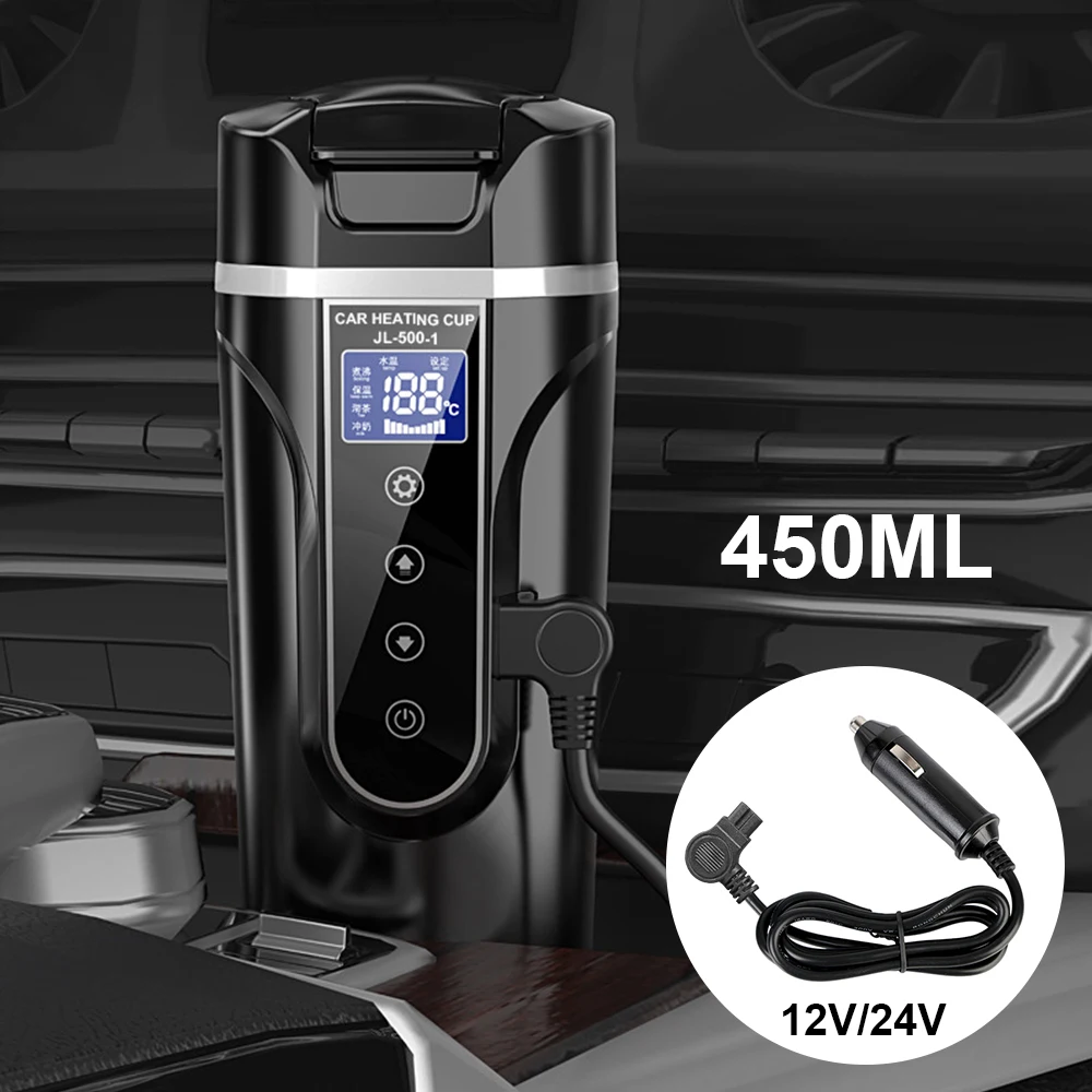 Water Warmer Bottle Car Heating Cup 12V/24V 450ML Stainless Steel Electric Kettle Portable Heat Preservation LCD Display