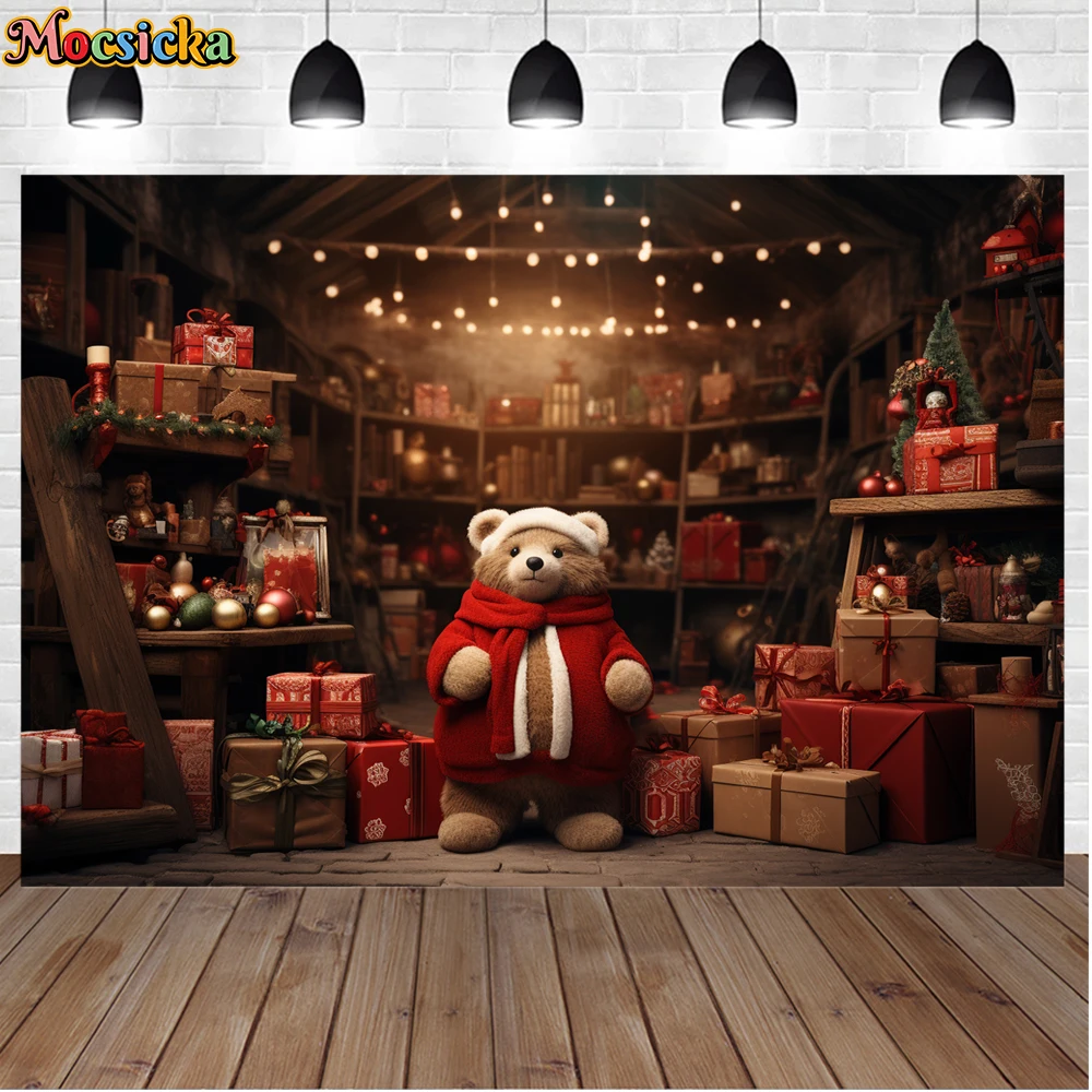 Mocsicka-Fond de photographie de Noël d'hiver, mur de fond, arbre de Noël, ours, fête de vacances, famille, enfants, studio photo, cadeau
