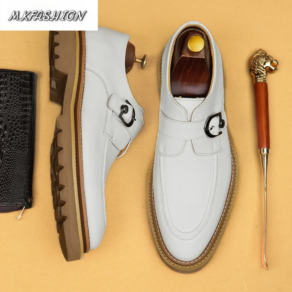 Men's Business Dress Shoes Thick Soled Cowhide Genuine Leather Buckle Strap Flats Male Footwear