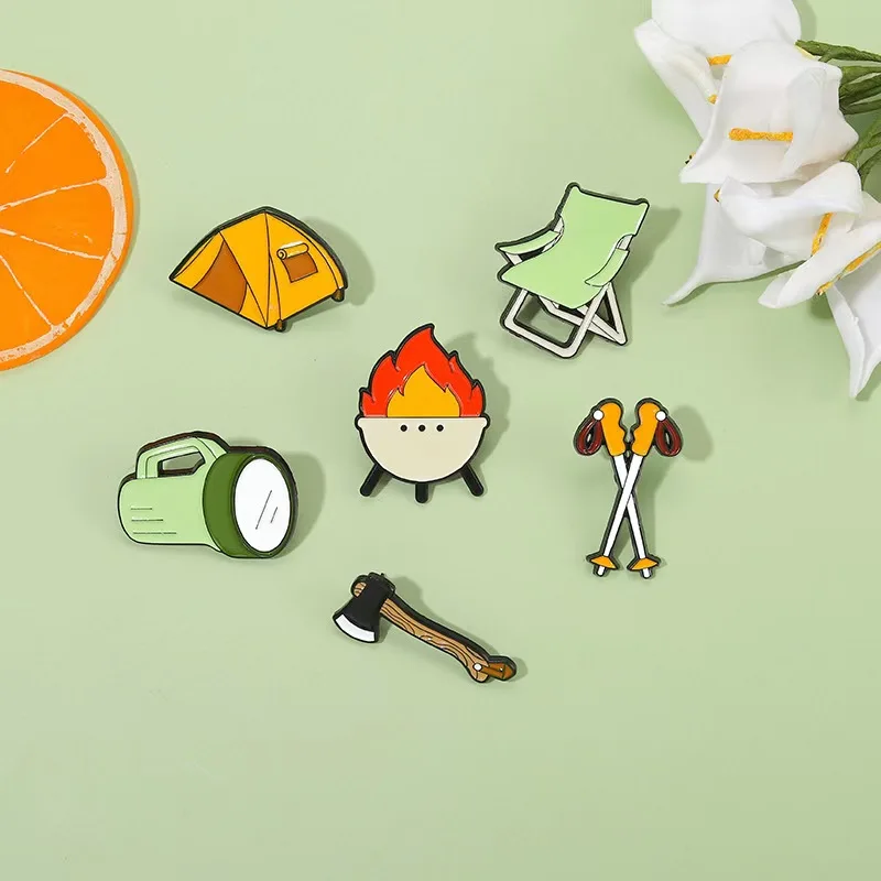 Camping Series Enamel Pin Tent Stove Torch Axe Backpack Brooches Lapel Badge Gift For Friends Picnic Jewelry Wholesale